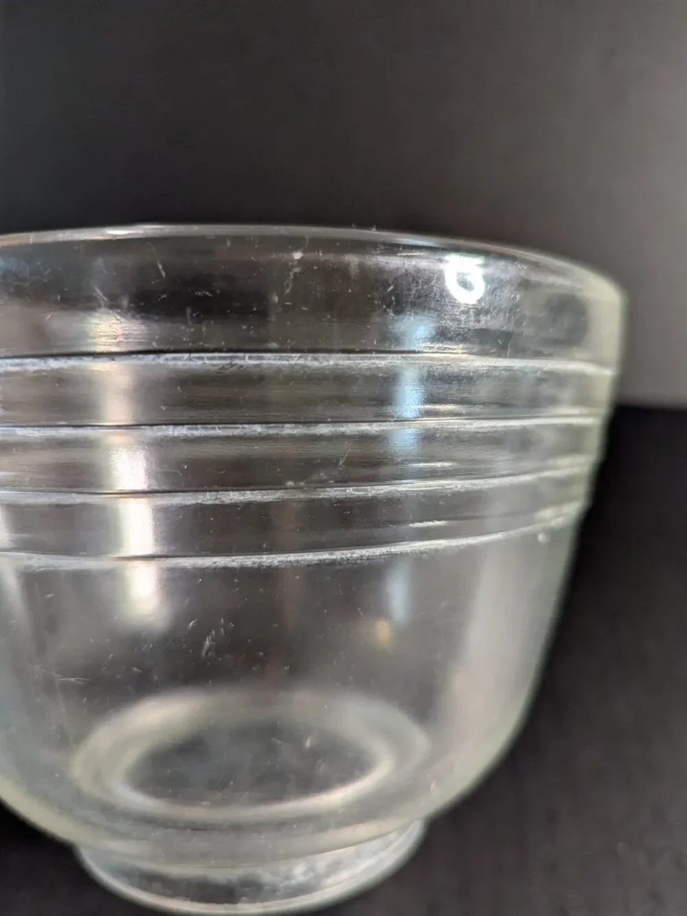 Vintage Glass Mixing Bowl with Etched Lines and Pour Spout